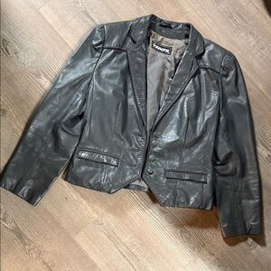 Vintage Charcoal Gray Leather Blazer w Burgundy Piping Trim